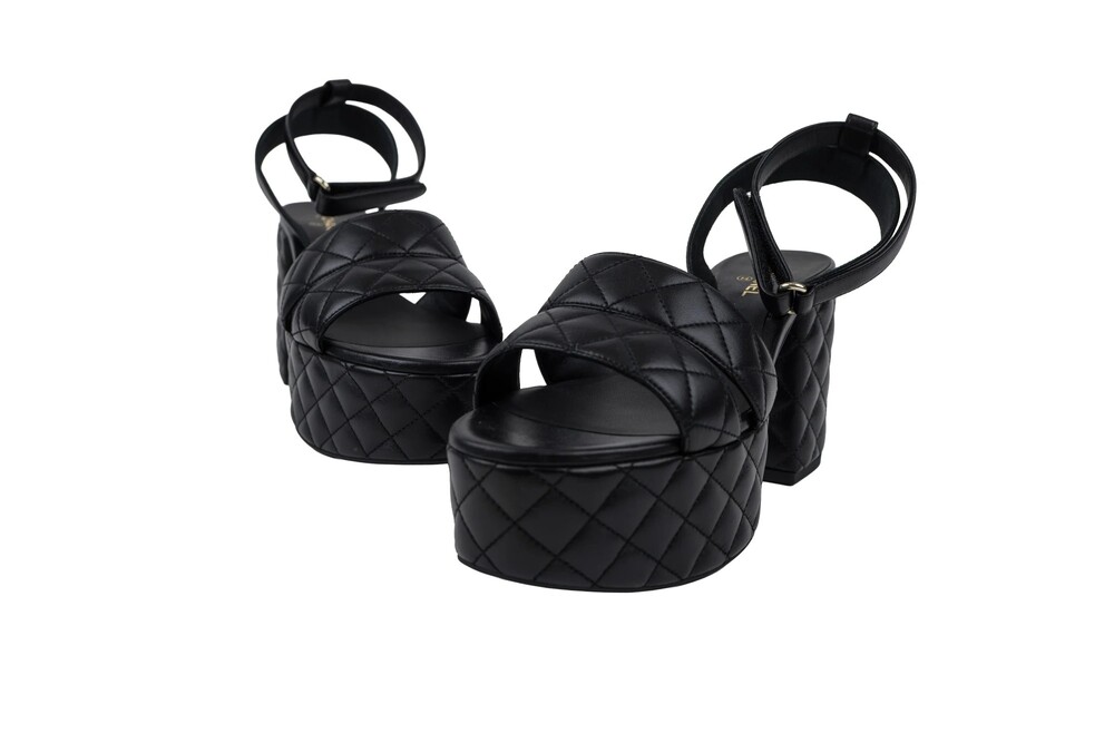 Chanel Black Platform Sandals Quilted Lambskin Gold Hardware Size 39.5
